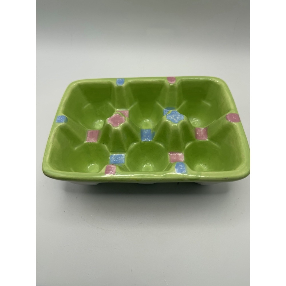 Deviled Egg Dish Tray Green Pink Blue FSG Stoneware